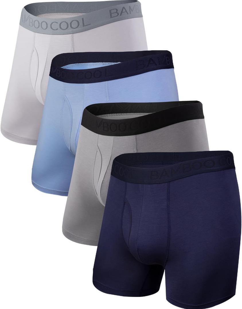 BAMBOO COOL Men's Underwear Boxer Briefs Fly with Built-in 3D Pouch Comfortable Cool Underwear for Men 4 Pack (Large)
