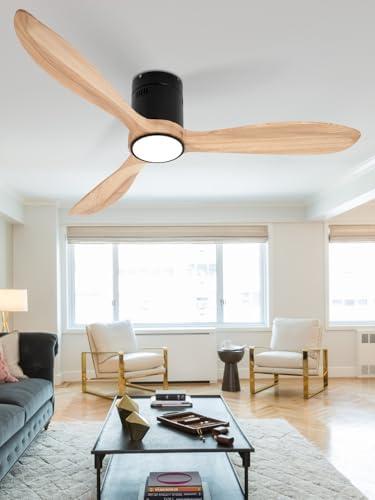 VACILL Flush Mount Ceiling Fan with Light,Low Profile Ceiling Fan,Wooden Fan Blades,6 Speed,LED Dimmable,DC Motor,52 inch,Natural Wood Blade