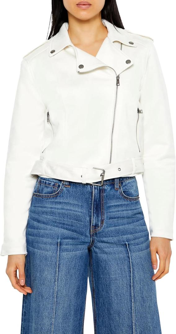 Forever 21 Women's Faux Suede Cropped Moto Jacket (White, XS)