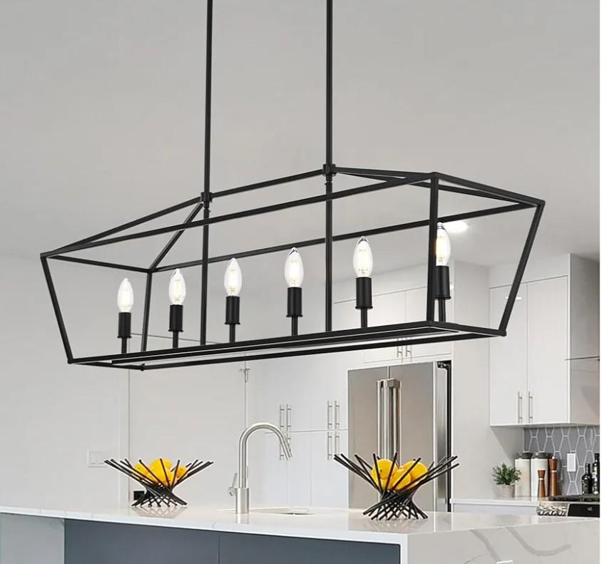 Black Kitchen Island Lighting 6-Light Farmhouse Dining Room Light Fixtures Linear Chandelier for Dining Room Bedroom E12 Base