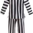 Kids Beetle Ghost Movie Cosplay Costume Black and White Stripe Jacket Shirt Pant Set Boys Halloween Suit with Wig (130(Height:47-51Inch))