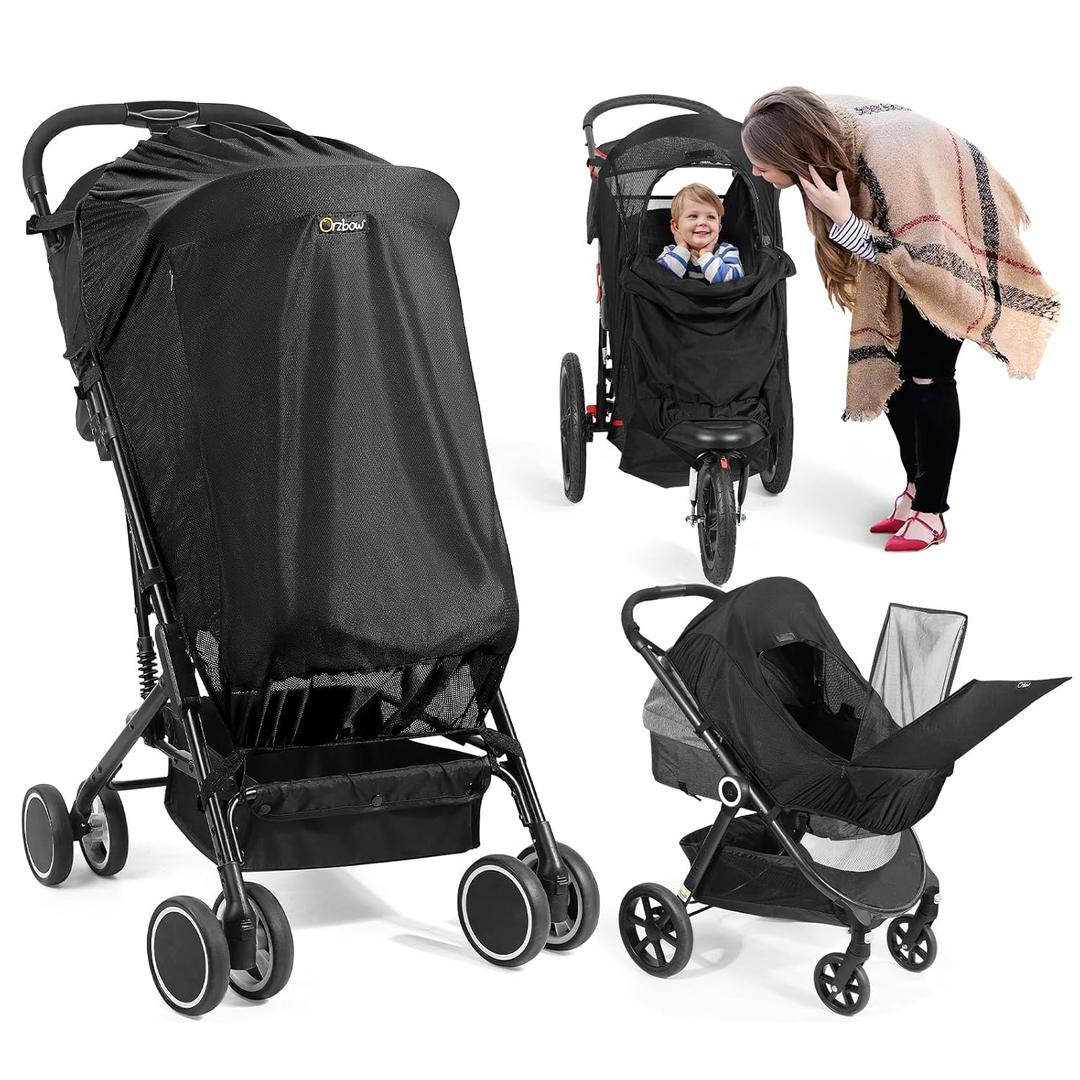 Orzbow Stroller Sun Shade, Breathable Sun Shade Cover for Stroller with Mosquito Net & Zip, Universal Baby Sun Shade with Double Opening, Easy to SInstall, Blocks 95% UV(UPF 50+), Black