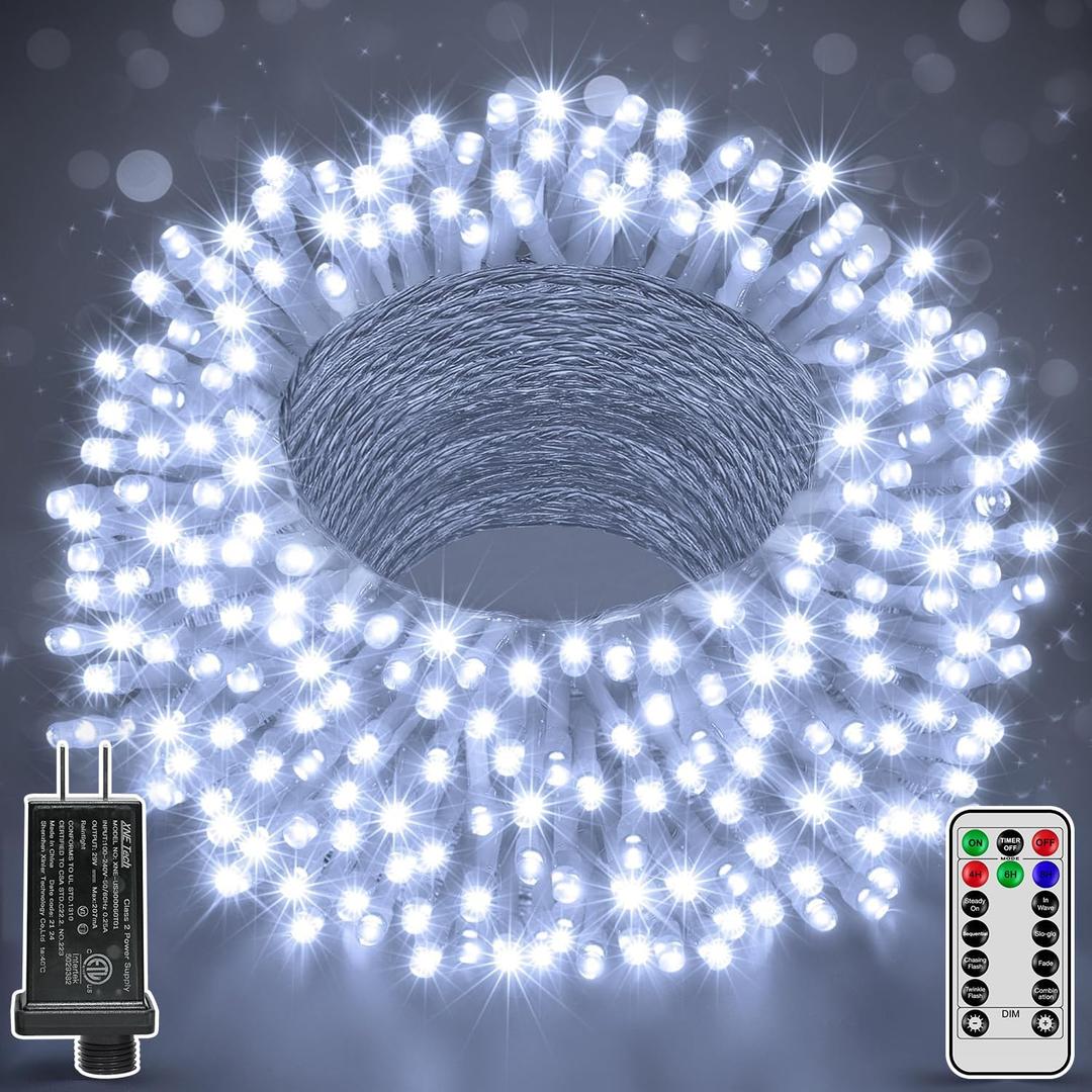 196FT 600 LED White Christmas Lights, Timer & Memory Function, 8 Modes Christmas String Lights Plug in Fairy Lights for Xmas Tree Holiday Garden Party Decor