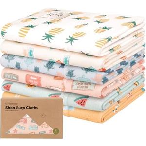 Organic Burp Cloths Baby Boy, Girl - 6-Pack Large Cotton Burping Cloths for Babies, Spit Up Rags, Super Absorbent, Ultra Soft Newborn Rag, Gender Neutral, Machine Washable, Durable (Beach Day)