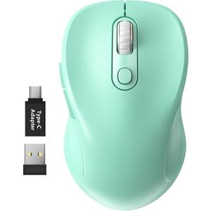 WisFox 2.4G Wireless Mouse for Laptop, Ergonomic Computer Mouse with USB Receiver and Type-C Adapter, 3 Adjustable Levels DPI, 6 Button Cordless Wireless Mice (Mint Green)