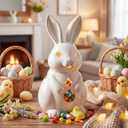 Easter Bunny Figurines 11 Inch Light up Easter Bunny Decorations White Resin Rabbit Figurines for Spring Indoor Rustic Decor Home Table Room Kitchen(Flame Style)