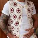 Men's Floral Crochet Shirts Hollow Out Button Down Sleeveless Knit Top Summer Beach Vacation Cruise Shirts (S)