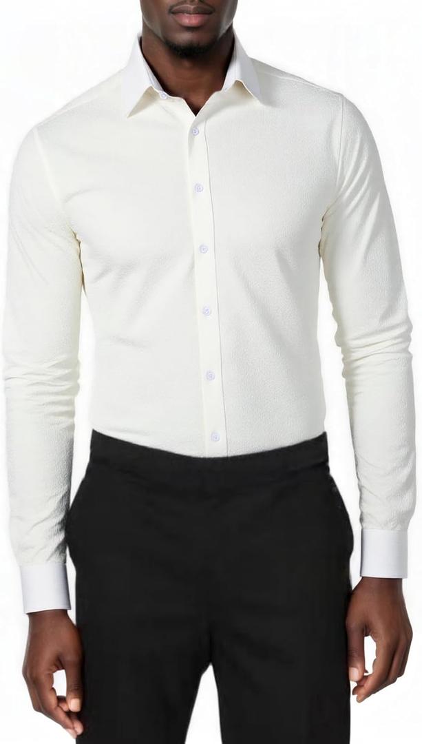 Beninos Men's Wrinkle Free Dress Shirts Slim Fit Long Sleeve Casual Button Down Shirt (White, S)