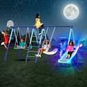 Sportspower Ramona Metal Swing Set 7-in 1: 3 Swings, Climbing Ladder and net, Basketball Hoop, and 5-ft Blow Molded Slide, 700lb Capacity, Yellow & Blue, Bonus Anchor kit Included