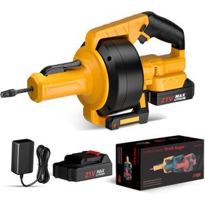 Electric Drain Auger,21V Cordless Drain Snake,25Ft Auto-Feed Snake Drain Hair Removal Tool with 2.0Ah Battery,Sink Snake Drain Cleaner for Sewer,Toilet,Kitchen,Shower 3/4"-2.95" Pipes, Bag&Gloves&Rag, Orange