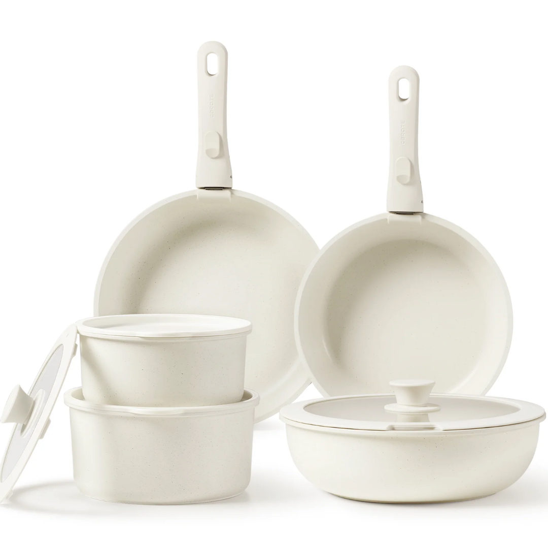 CAROTE 11-Piece Nonstick Cookware Set with Detachable Handles - Cream White