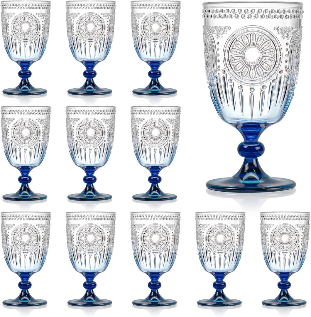 XUWAIDSGN 12Pcs Plastic Vintage Wine Glasses 13.5oz Reusable Embossed Goblet Glasses Blue Gradient Retro Wine Glassware Unbreakable Stemmed Champagne Water Cups for Wine Cocktail Juice Wedding