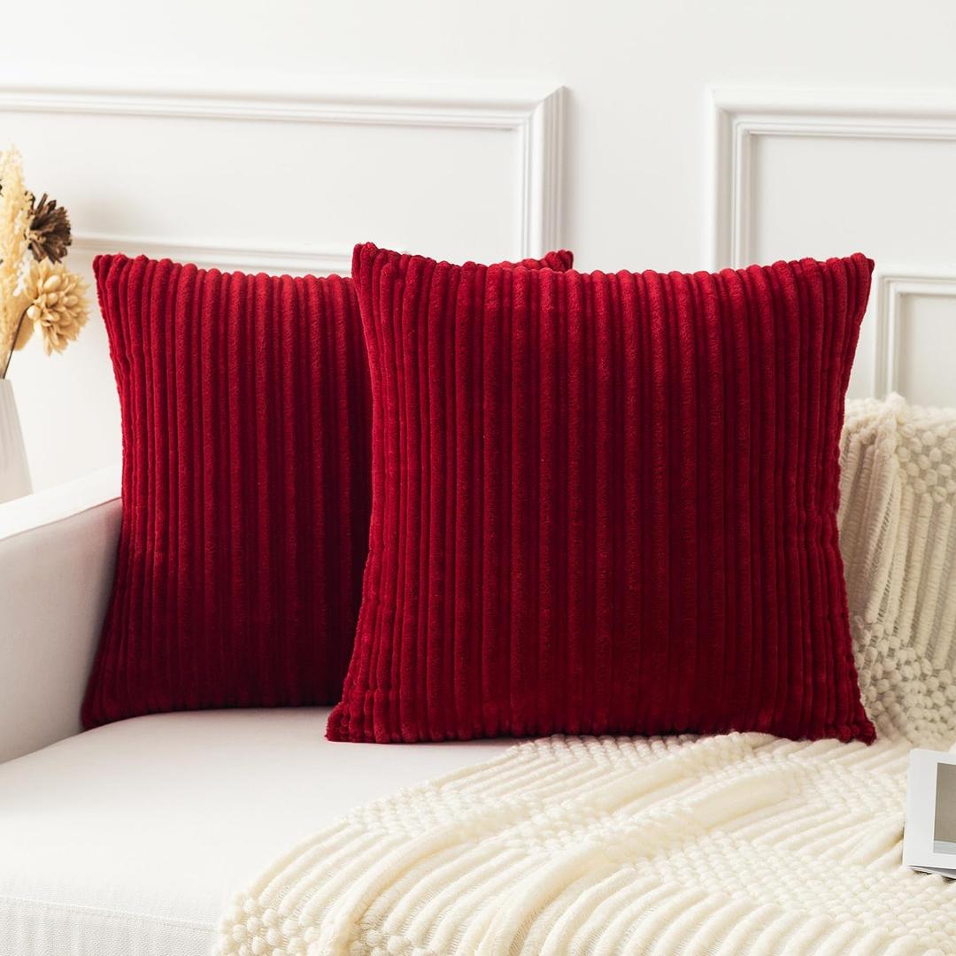 Kevin Textile 2 Pack Striped Plush Velvet Corduroy Christmas Decoration Euro Throw Pillow Sham Cushion Cover for Couch Sofa Floor 20 x 20 inch (50cm), Burgundy (20" x 20" (Pack of 2))