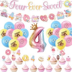 Four Ever Sweet Birthday Decorations Girl Include Four Ever Sweet Banners Cupcake Toppers Balloons 4th Birthday Theme Party Supplies