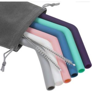 Senneny Set of 6 Silicone Drinking Straws for 30oz and 20oz - Reusable Silicone Straws BPA Free Extra Long with Cleaning Brushes- 6 Bent- 8mm diameter