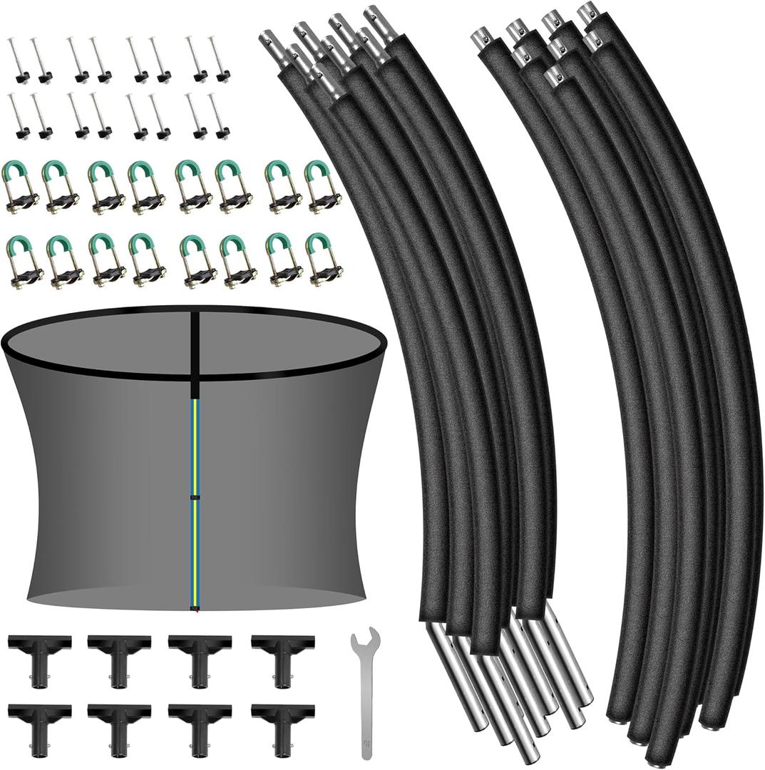 8PCS Trampoline Curved Pole and 14FT Trampoline Replacement Net, Universal Trampoline Enclosure Net with Replacement Pole, Plastic T Connector & Fiberglass Rods Fits 14" Round Frame with 8 Curved Pole 8PCS Trampoline Curved Pole and 14FT Trampoline Replacement Net, Universal Trampoline Enclosure Net with Replacement Pole, Plastic T Connector & Fiberglass Rods Fits 14" Round Frame with 8 Curved Pole