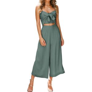 Women's Summer Spaghetti Straps V Neck Cutout High Waist Wide leg Jumpsuits Rompers with Pockets, Grey Blue L