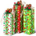 Glenmal 3 Pcs Christmas Table Centerpieces Xmas Wood Gift Boxes Decor Rustic Faux Present Blocks with Bow Ribbon for Holiday Tree Tiered Tray Decoration(Green Red White,Dot Style)