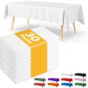 White Plastic Table Cloth - 30 Pack 54"  108" Rectangle Disposable Tablecloths for 6FT Tables, Waterproof Table Cover for Party, Holiday & Gathering Use