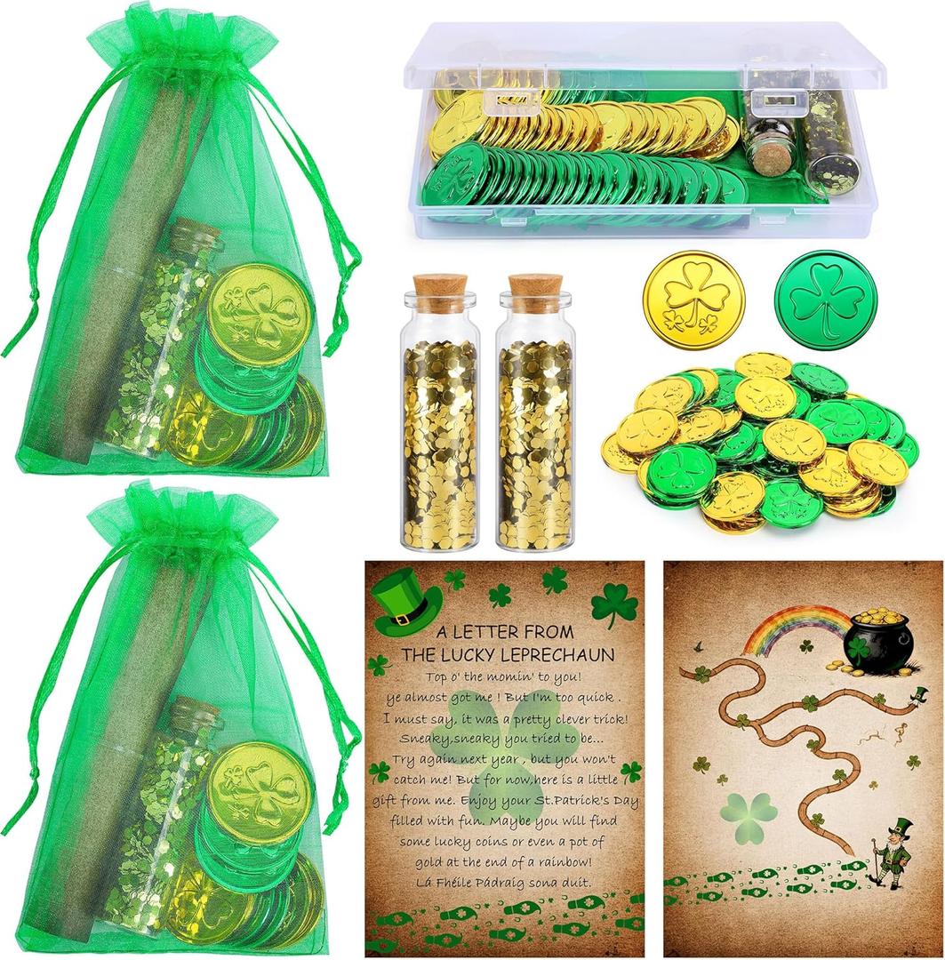 Sfcddtlg 2 Set of St. Patrick's Day Leprechaun Letter Kit, Leprechaun Letters Set Include Shamrock Coins Gold Glitter Bottles, St Patricks Day Trap Letter for Irish Gift Home Party Decoration