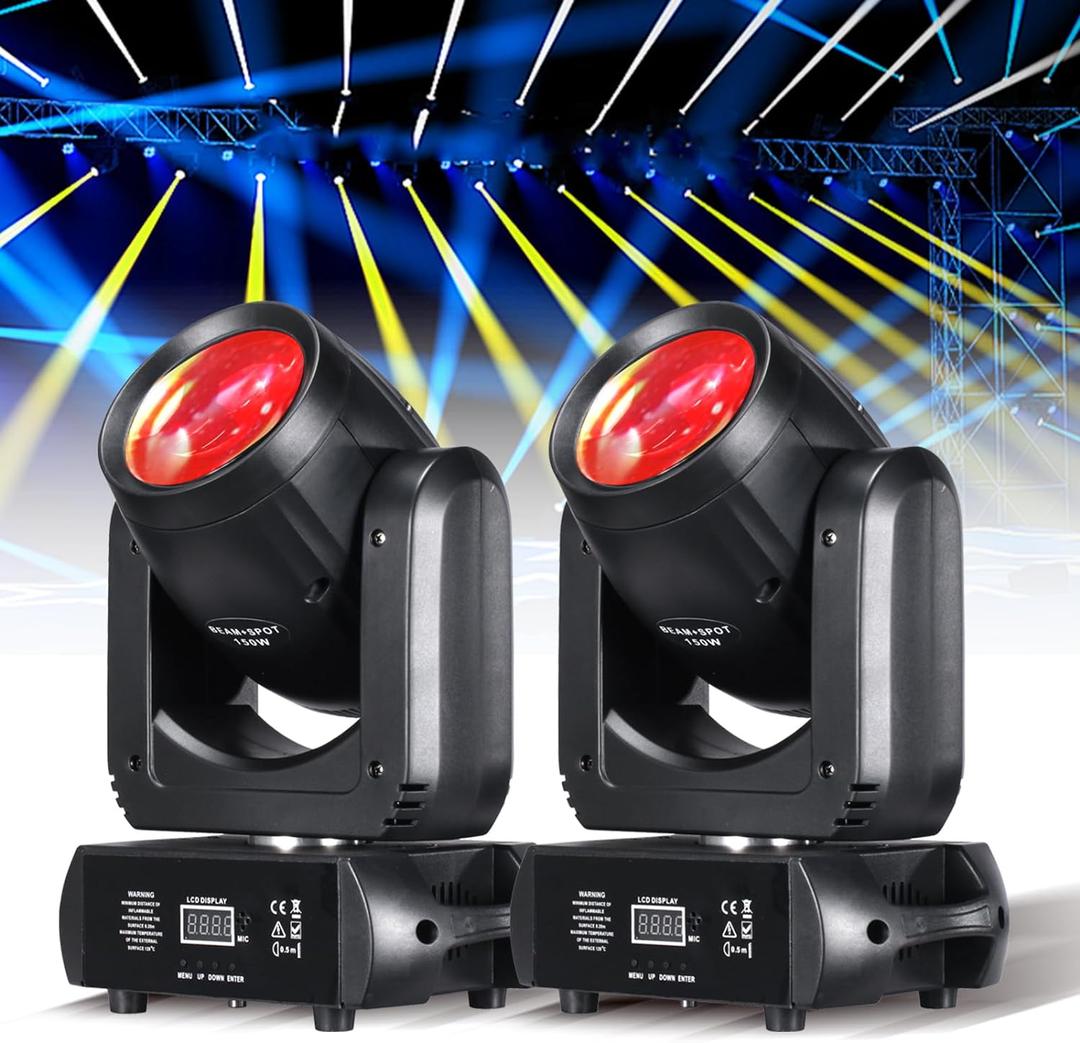 Moving Head Light 150W Stage Lights 8 Gobos 8 Colors 12 Channels Beam Spotlights 18-Face Prism DMX 512 with Sound-Activated for Party Event Wedding DJ Lighting (2)