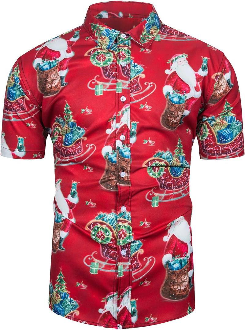 TUNEVUSE Mens Christmas Shirt Ugly Santa Claus Party Printed Short Sleeve Funny Casual Hawaiian Xmas Shirts Top (Red)
