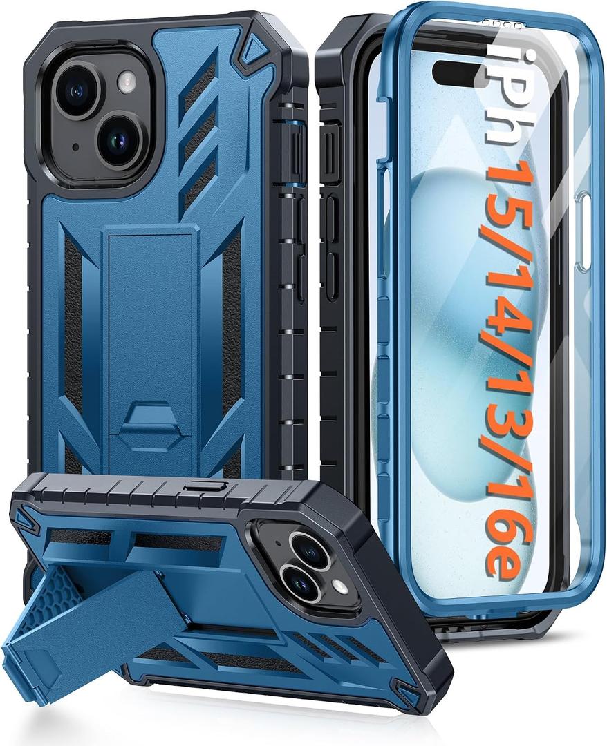 FNTCASE for iPhone 15 Case: for iPhone 14 Case & iPhone 13 Case [Built-in Screen Protector & Kickstand] [Military Grade Drop Protection] Heavy Duty Full Protective Shockproof TPU Phone Cover - Blue