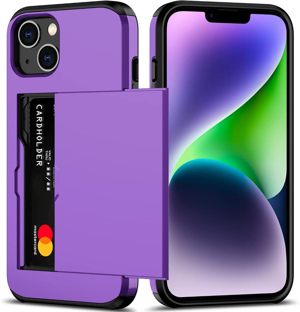 Nvollnoe for iPhone 14 Case with Card Holder Heavy Duty Protective Dual Layer Shockproof Hidden Card Slot Slim Wallet Case for iPhone 14 for Women&Men(Purple)