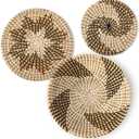 Glenmal 3 Pcs Boho Wall Basket Decor Decorative Bulrush Woven Basket Wall Decor Art Farmhouse Handmade Hanging Baskets with African Design for Living Room Display Table Settings Kitchen Home(Classic)