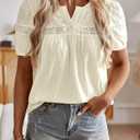 Womens Tops V Neck Short Sleeve Blouses Casual Flowy Button Up Shirts Embroidered Lace Boho Clothing Trendy (M)