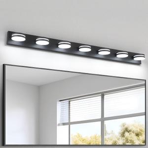 7-Light Bathroom Vanity Light Over Mirror, Matte Black LED Vanity Lighting Fixtures, Modern Bathroom Wall Light Fixtures with 360Rotating Lamp Head (Cool White 5500K)