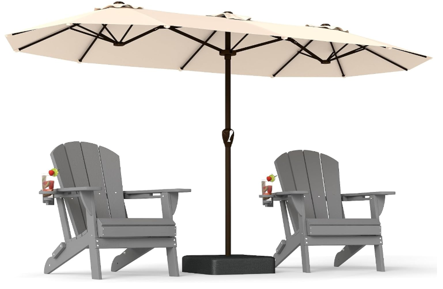 PatioKingdom 15FT Large Patio Umbrella with Base, Double Sided Rectangular Outdoor Umbrella with Sturdy Fiberglass Ribs, Market Umbrella for Pool,Garden,Backyard,Deck (Beige, 15FT)