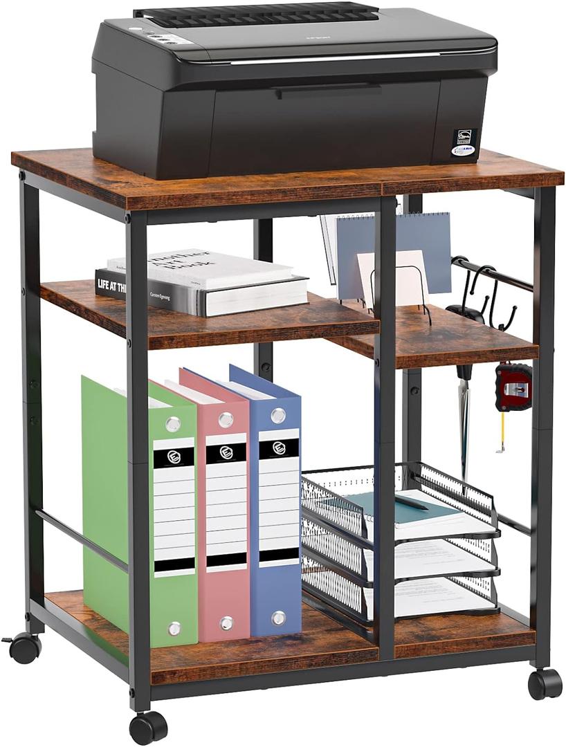 Furologee 3 Tier Printer Stand for Home Office Organization, Mobile Printer Cart with Wheels and 2 Hooks, Under Desk Shelf with Storage, for Living Room, Kitchen, Rustic Brown