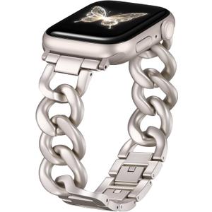 DaQin Gold Band Compatible with Apple Watch Bands for Women 40mm 38mm 41mm 42mm, Metal Chain Link Steel Replacement Accessories Bracelet for iWatch Bands Series 10 9 8 7 6 5 4 3 2 1 SE, Starlight