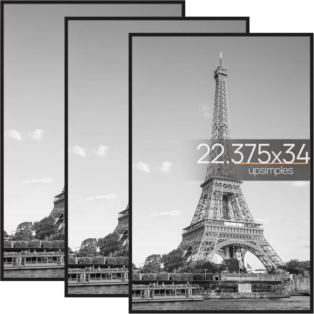 Upsimples 22.375 x 34 Poster Frame Black 3 Pack, Scratch-Proof Picture Frames 22.375 x 34 for Photo Gallery - Slide-In Strips, Horizontal or Vertical Wall Mounting
