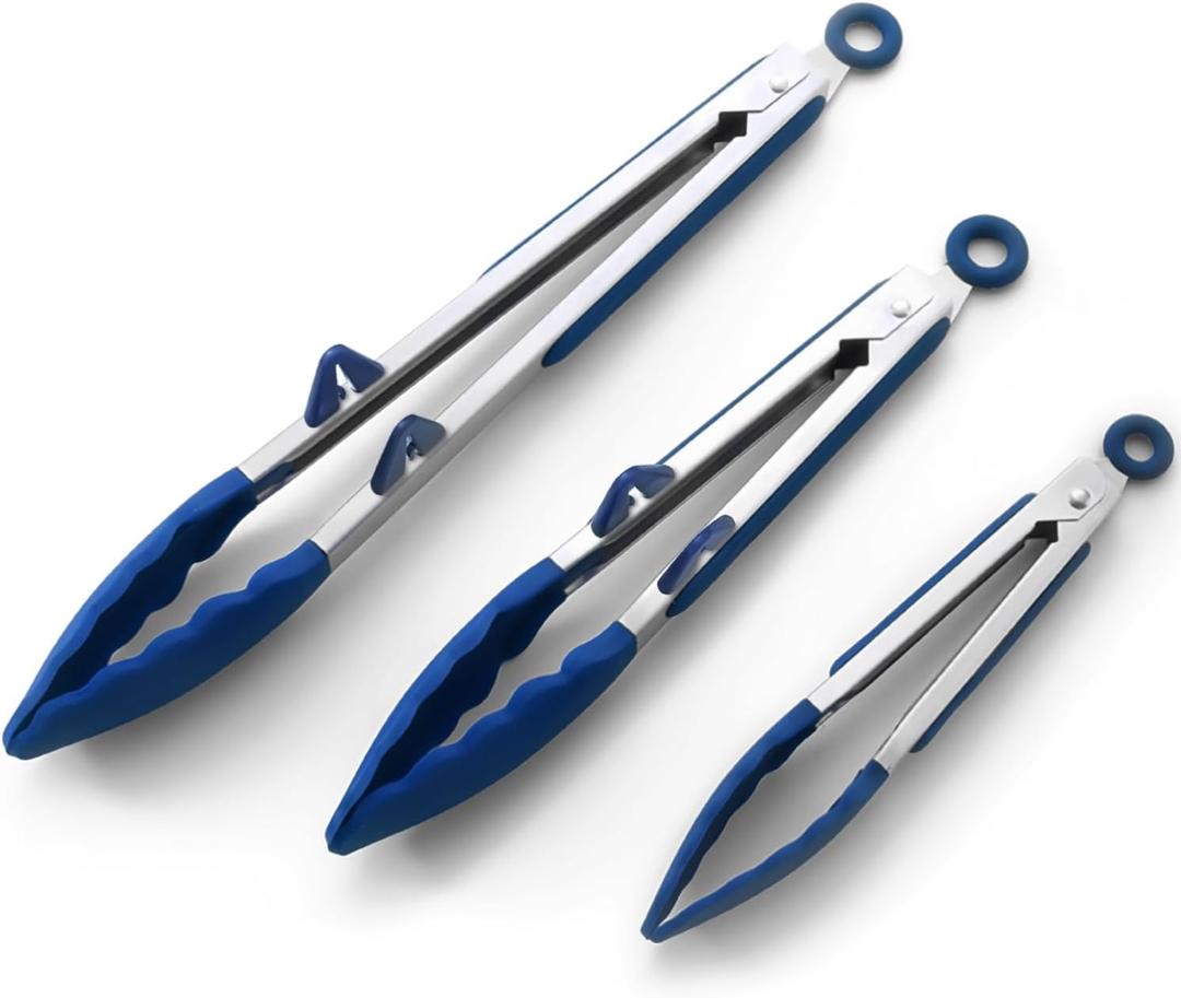 Silicone Kitchen Tongs, 3Pcs Tongs for Cooking with Silicone Tips, Food Grade Small Serving Tong for BBQ Salad, Blue(7"+9"+12")