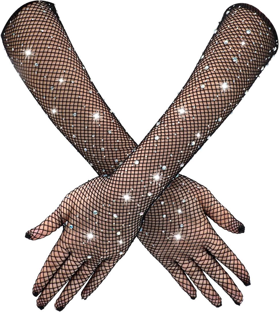 Rhinestone Long Fishnet Gloves, Arm Sleeves Elbow Mesh Rave Sparkly Gloves Costume Accessories for Women Evening Prom (Black)