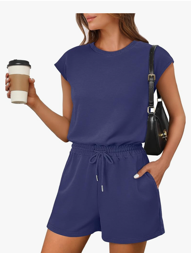 ANRABESS Rompers for Women Summer 2025 Casual Cap Sleeve Crewneck Drawstring One Piece Jumpsuit Outfits with Pockets
, Size -L