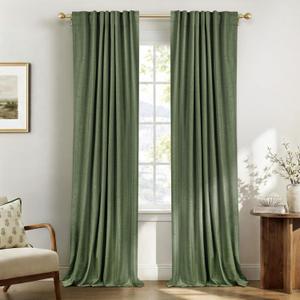 100% Blackout Shield Olive Green Linen Blackout Curtains for Bedroom 96 Inches Long, Back Tab/Rod Pocket Living Room Drapes, Thermal Insulated Blackout Curtains 2 Panels Set, 50" W x 96" L