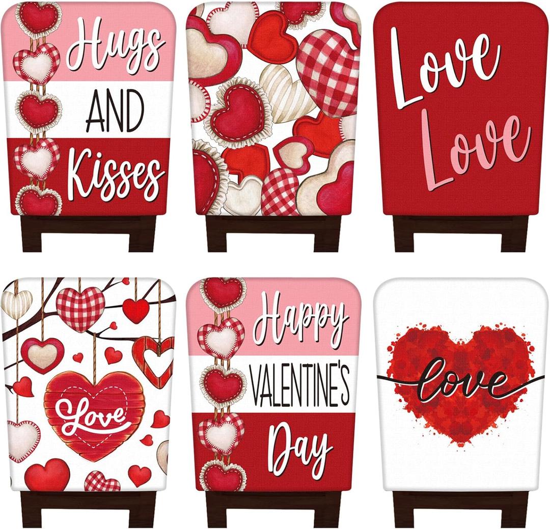 FuWeave 6 Pcs Valentines Day Chair Covers Valentines Dining Chair Back Covers Pink Red Heart Love Buffalo Plaid Room Slipcovers Washable Seat Protector for Kitchen Home Anniversary Wedding Decorations