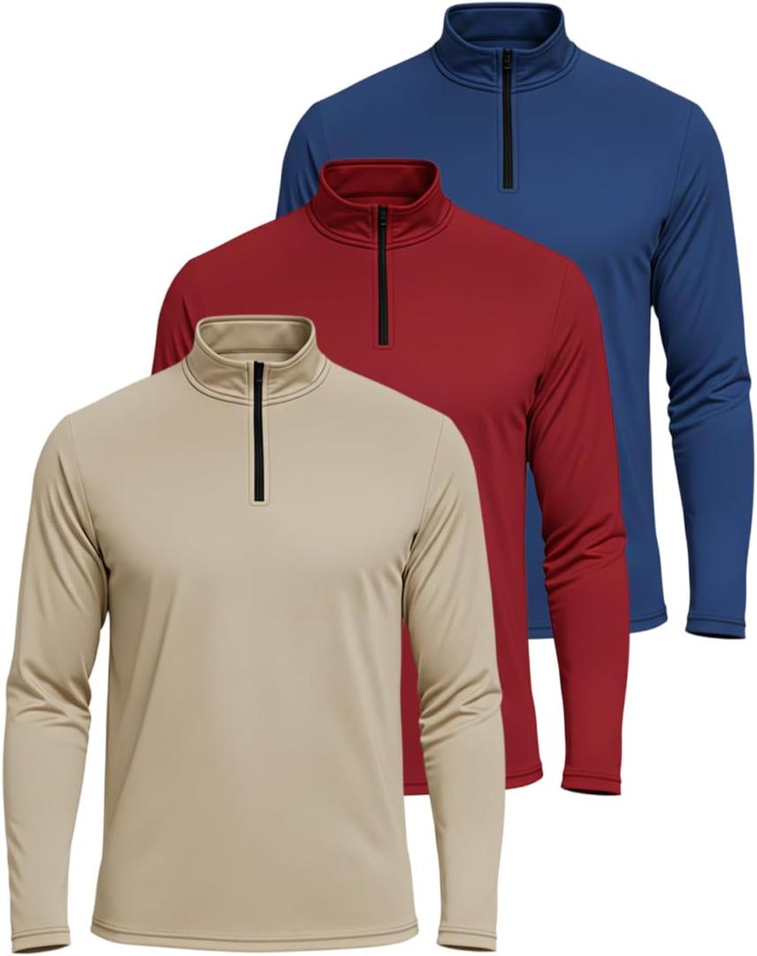 Real Essentials 3 Pack: Men's Dry-Fit Active Quarter Zip Long Sleeve Athletic Performance Pullover  (in Big & Tall) 3XL 
