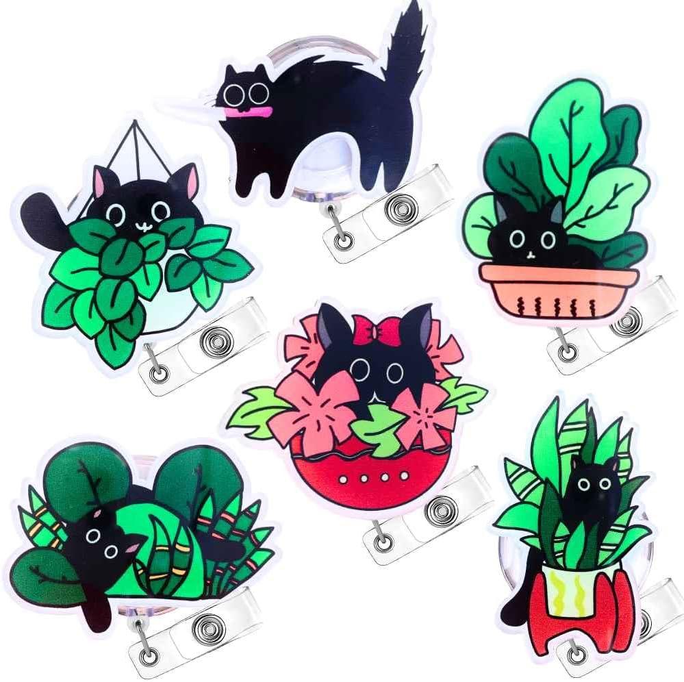 6PC Cat Badge Reel | Cute Funny Black Kitty Cats Animal Badge Reels Retractable ID Name Clip Card Holder Badges for Peds Vet Kawaii Nurse Office Nursing RN Paediatrics Social Work Accessories
