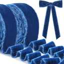 2 Rolls Blue Christmas Silk Velvet Ribbon - 1.5 Inch x 4 Yards Frayed Fringe Ribbon for Holiday Wreath Bow Decorations, Gift Wrapping, Wedding Decor