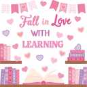 TICIAGA Valentines Book Learning Bulletin Board - 62Pcs Valentines Day Bookshelf Fall in Love with Learning Pink Heart Cutout Border Book Flag Banner for February School Library Classroom Wall Decor