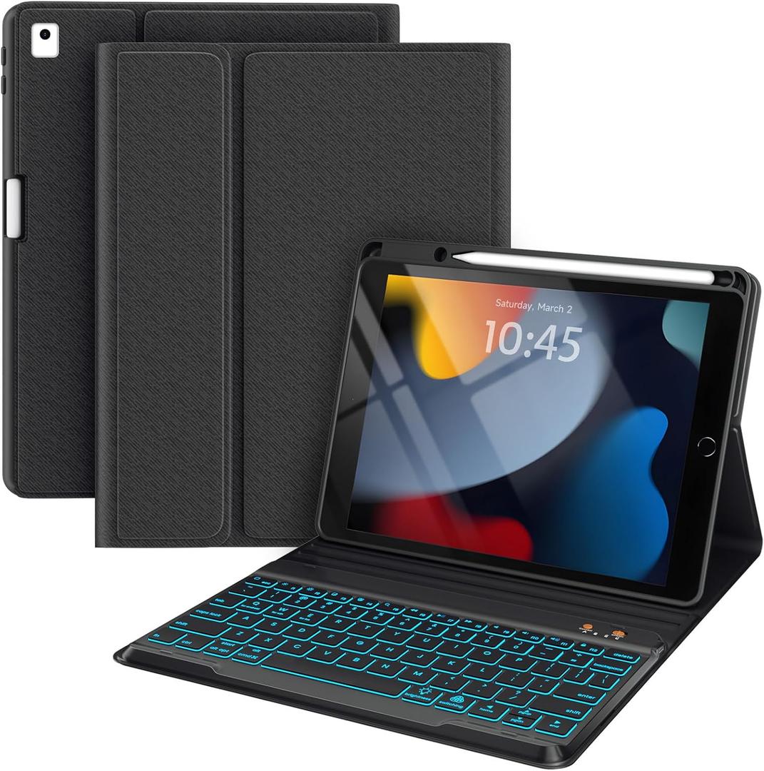 BLUTLOTUS Keyboard case for iPad 9th Generation 10.2 Inch - Backlit Wireless Detachable Folio Keyboard Cover with Pencil Holder for iPad 9th/8th/7th Gen, iPad Air 3rd Generation 10.5 Inch(Black)