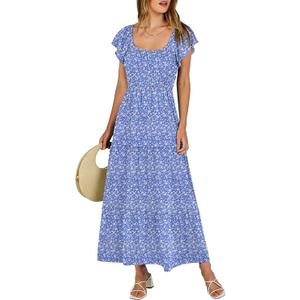 ANRABESS Womens Casual Summer Maxi Dress Flutter Short Sleeve Scoop Neck Smocked A Line Flowy Beach Vacation Long Dresses L