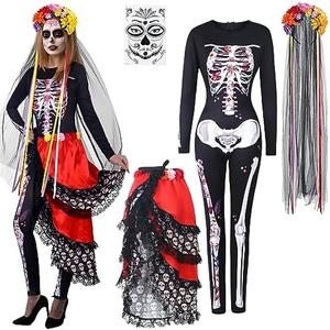 Ramede 4 Pcs Day of The Dead Catsuit Costume Women Dia De Muertos Skeleton Bodysuit Mexican Halloween Sugar Skull Accessories Size Medium