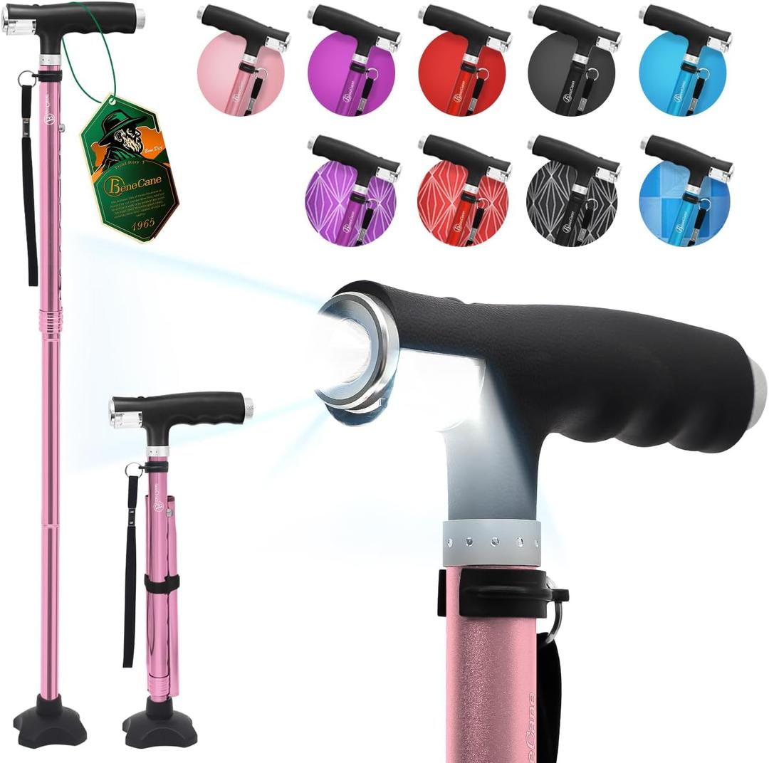 BeneCane Walking Cane for Women Folding Cane for Men with Two Led Lights Quad Cane with Stable Base Lightweight and Adjustable Walking Stick (Pink)