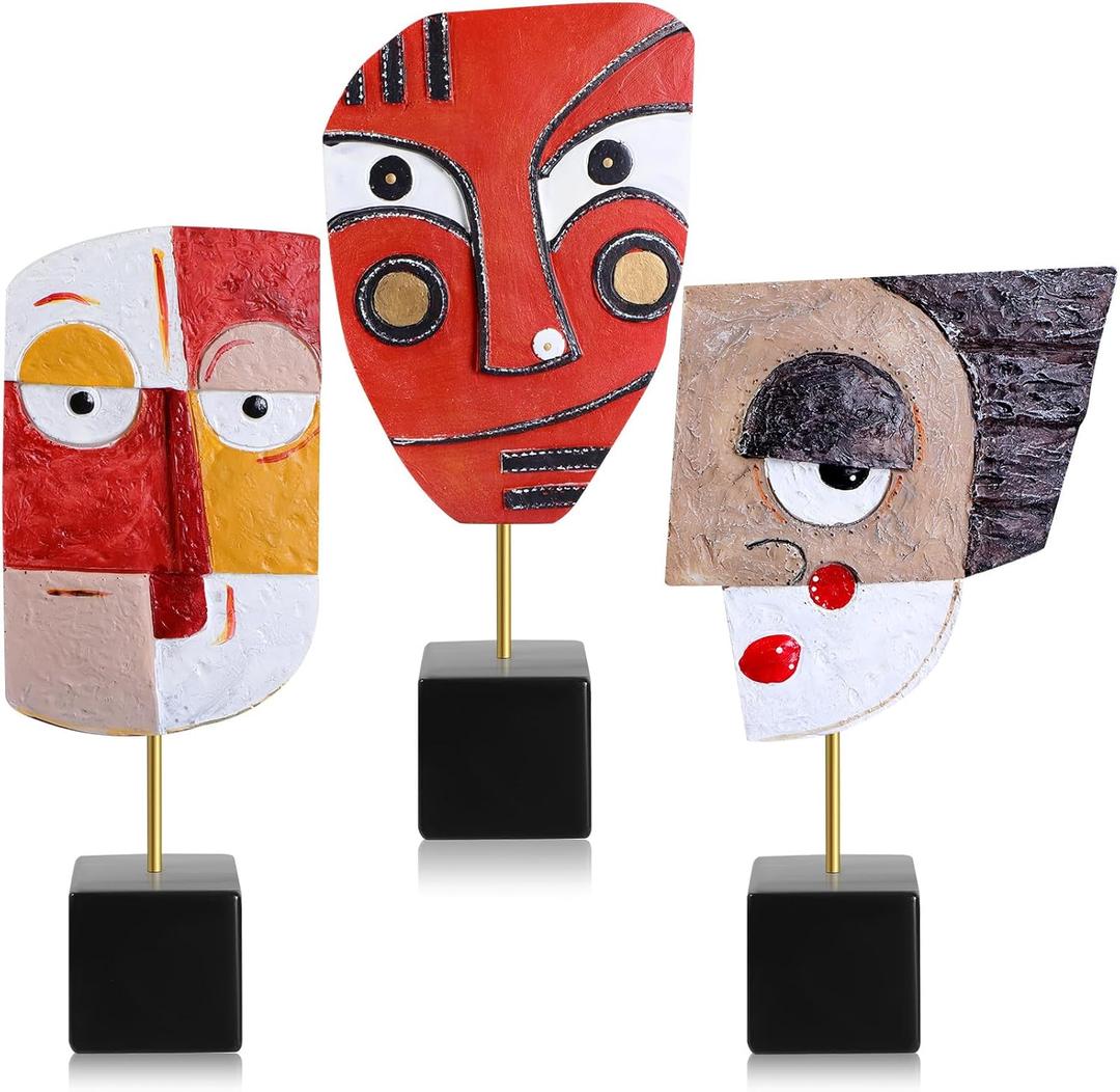 3 Pcs Wink Handcrafted Statues Resin Abstract Sculpture for Home African Art Tribal Figurines Decorations Face Sculpture Home Decor Colorful Decor for Office Living Room Entrance