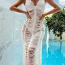 OYOANGLE Women's Crochet Hollow Out Swimsuit Cover Up Deep V Neck Sleeveless Beach Midi Dress Swimwear (White, S)